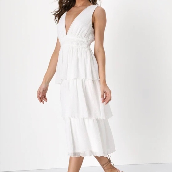 Lulus dreamy mood white Swiss dot tiered midi dress. Polyester. Size Small. - Picture 2 of 14